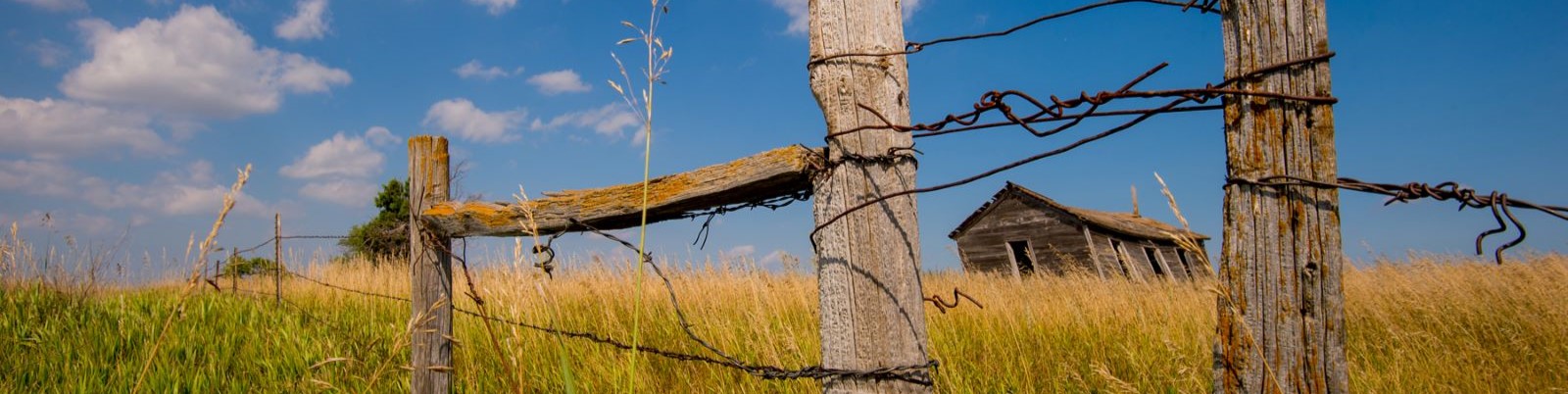 Prairie Landscape photo with an old barbed wire fence and an old barn in the background. 